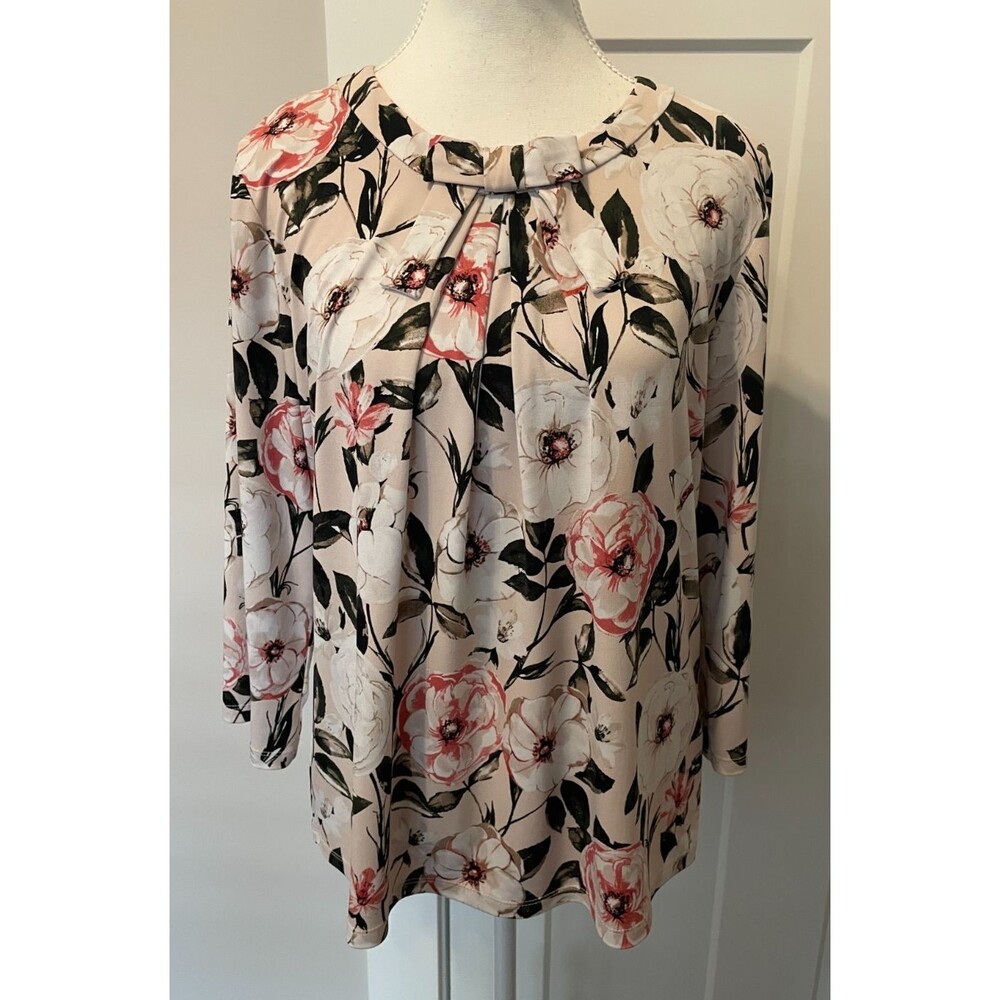 KARL LAGERFELD Womens Knit TOP 3/4 Sleeve Pink Green Floral Zips in Back Size PL